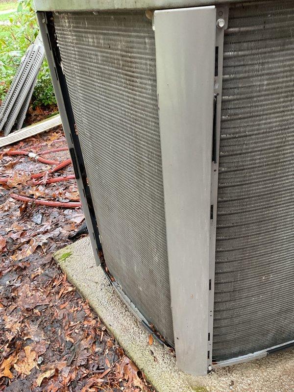 Performed annual coil maintenance on two outdoor HVAC condensing units. Both units exhibited heavy accumulation of dirt, leaves, and organic debris on heat exchanger coils and surrounding areas. Removed access panels to expose coil sections, thoroughly cleaned all finned coil surfaces to restore proper airflow and heat transfer efficiency, cleared debris from unit interiors and perimeters, and replaced air filters. Units restored to optimal operating condition.