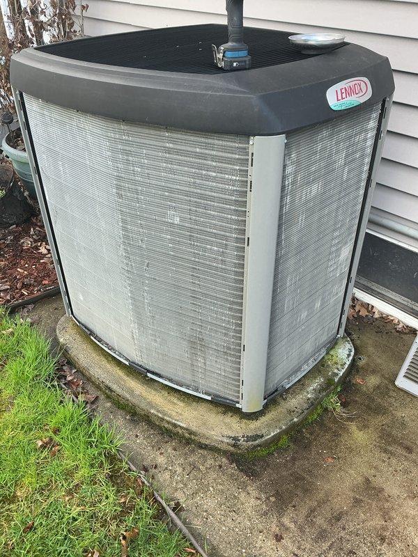 Completed annual cooling maintenance on residential Lennox air conditioning condenser unit. Performed comprehensive system inspection including visual assessment of unit condition, refrigerant lines, and electrical connections. Unit found to be in operational condition with no immediate repairs needed. Observed minor algae growth on concrete pad but unit accessibility and airflow remain unobstructed. Customer renewed recurring Air Care Cooling service agreement for continued preventative maintenance coverage.