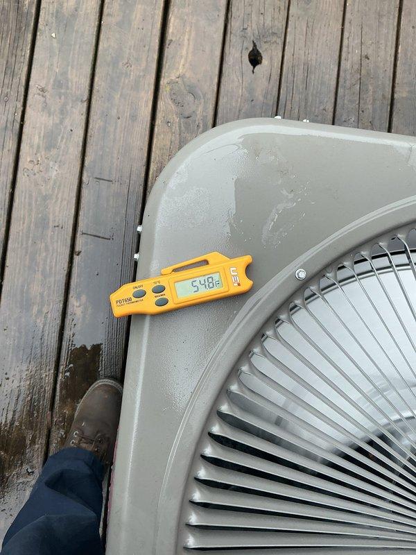 Completed scheduled preventive maintenance on residential outdoor air conditioning condenser unit. Performed comprehensive system inspection including temperature and pressure diagnostics, verified proper operation of fan motor and compressor, and assessed overall equipment condition. Unit found to be operating within normal parameters with exterior showing typical weathering but maintaining functional integrity.