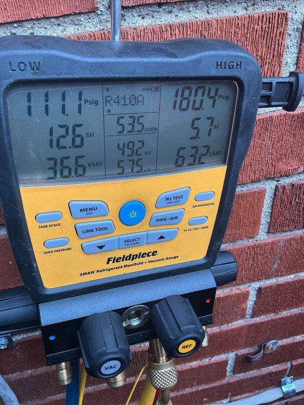 Completed routine Air Care Maintenance on residential air conditioning system. Performed comprehensive system diagnostics using refrigerant manifold gauges, measuring operating pressures, superheat, subcool, and saturation temperatures to verify proper refrigerant charge and system performance. All readings were within manufacturer specifications, and the condenser unit showed no signs of operational issues.