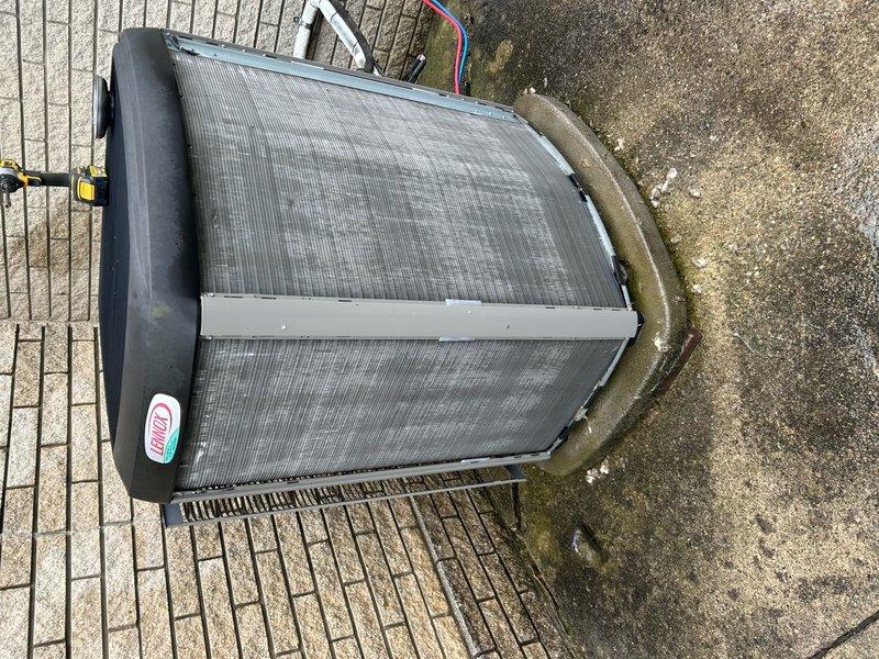 Completed annual HVAC maintenance on residential air conditioning system. Replaced air filter, performed routine cleaning and maintenance (RAC), and verified system operation with temperature readings showing 43°F output at evaporator coil. Outdoor condensing unit inspected and found in functional condition with normal weathering for outdoor installation.