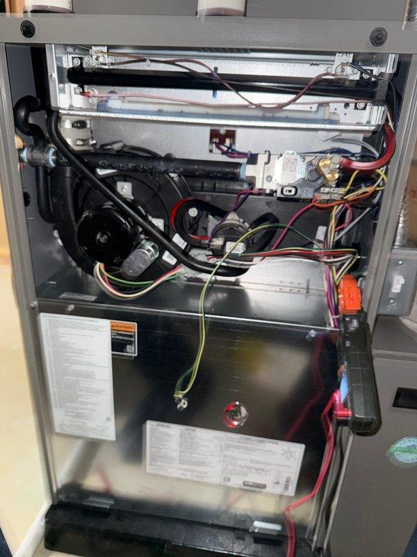 Completed annual heating check on residential HVAC system. Performed comprehensive inspection of all internal components including blower motor assembly, gas valve connections, electrical wiring, control boards, and heat exchanger. Verified proper operation of capacitors, checked all wire connections for security and signs of wear, and inspected circuit boards for functionality. All components found to be in good working order with no issues identified during inspection.