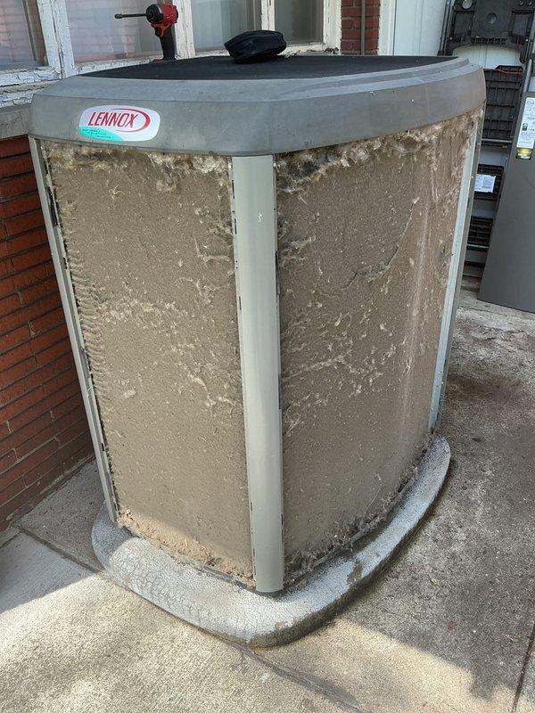 Performed annual cooling maintenance on Lennox outdoor condensing unit. Upon arrival, found unit heavily covered with dirt, dust, and debris accumulation on exterior panels and coil surfaces. Thoroughly cleaned condenser coils and exterior surfaces to restore proper airflow and heat transfer efficiency. Replaced air filter as needed. Completed standard ACM inspection and testing procedures to ensure system operational readiness for cooling season.