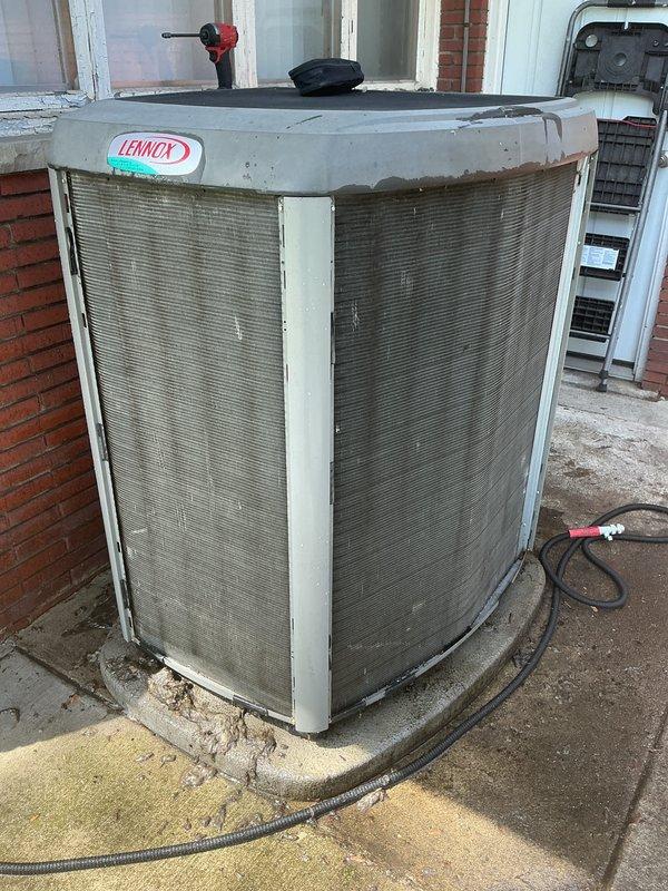 Performed annual cooling maintenance on Lennox outdoor condensing unit. Upon arrival, found unit heavily covered with dirt, dust, and debris accumulation on exterior panels and coil surfaces. Thoroughly cleaned condenser coils and exterior surfaces to restore proper airflow and heat transfer efficiency. Replaced air filter as needed. Completed standard ACM inspection and testing procedures to ensure system operational readiness for cooling season.