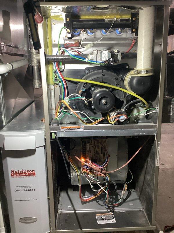 Completed annual furnace maintenance tune-up on brand new heating system per membership agreement. Performed comprehensive inspection of all internal components including blower motor assembly, gas valve connections, electrical wiring, control board, and thermostat operation. Verified proper furnace operation with Bryant thermostat displaying 73° setpoint in heating mode with fan set to auto. System operating within normal parameters with no issues found.