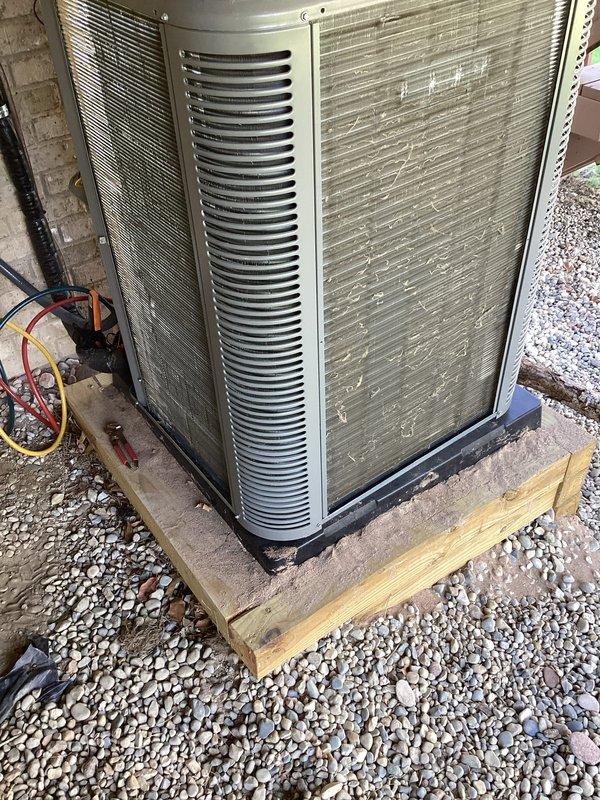 Completed annual HVAC maintenance on outdoor condensing unit. Performed thorough cleaning of condenser coils which showed heavy accumulation of dirt, dust, and environmental debris on metal fins and mesh grilles. Inspected refrigerant lines and connections, verified gauge readings, and assessed overall unit condition. Replaced air filter and cleaned evaporator pad as part of routine maintenance protocol.