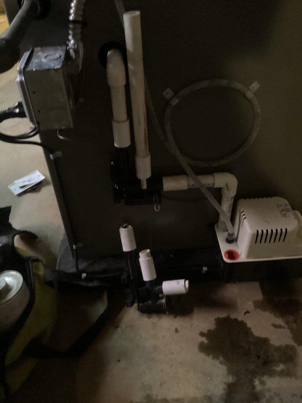 Returned to site to complete warranty replacement of drain trap, humidifier pad, and GFCI outlet. All components were successfully installed and tested for proper operation. System verified functioning correctly with no moisture issues present upon completion.