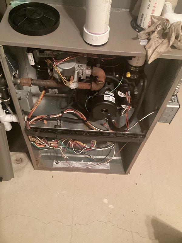 Responded to customer concern regarding gas odor detected near furnace exhaust during equipment operation. Performed comprehensive inspection of 12-year-old gas furnace system located in basement, including examination of heat exchanger, burner assembly, gas valve connections, and exhaust venting system. Inspected all copper gas lines, PVC exhaust and intake piping, blower motor assembly, electrical connections, and control board for signs of leakage, deterioration, or improper operation. Completed furnace tune-up including cleaning and adjustment of burner assembly, verification of proper combustion, and safety system testing to ensure unit operates within manufacturer specifications.