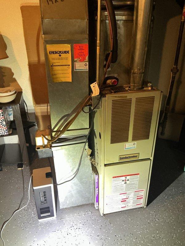 Responded to no cooling complaint on 10-year-old Comfortmaker system with water leakage at indoor unit. Diagnosed blocked condensate drain line causing water to back up underneath furnace and affecting system performance. Cleared obstruction from drain line, verified proper drainage flow, and tested system operation. Unit now cooling properly with no water leakage detected.