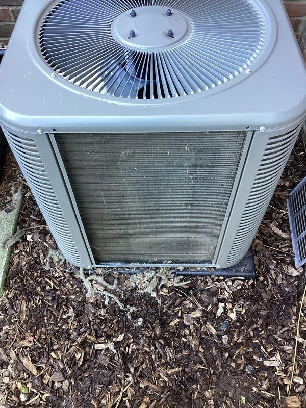 Completed annual preventative maintenance on residential split system air conditioning unit. Inspected condenser unit exterior, confirmed proper fan guard assembly and structural integrity, verified unit positioning and clearances around equipment. Noted heavy dirt and debris accumulation on front condenser coil requiring cleaning attention. Documented unit condition through photographic records showing outdoor installation against brick foundation with adequate mulch bed clearance and proper concrete pad placement.