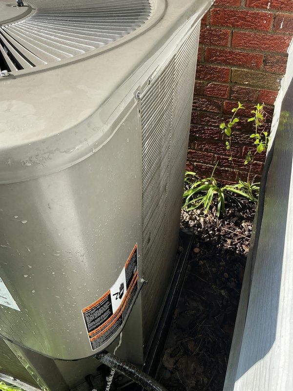 Completed annual cooling maintenance on residential air conditioning system. Replaced air filter and evaporator pad as part of routine preventive maintenance. Inspected outdoor condenser unit, verified proper operation of all components, and documented equipment condition with photographs showing unit positioned against building foundation with adequate clearance for airflow.