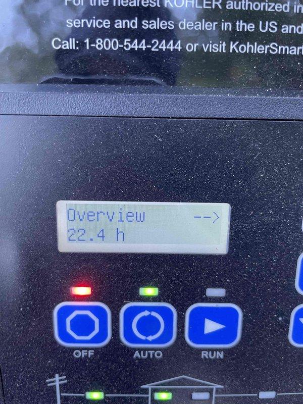 Responded to service call for Kohler 18KW generator that failed to execute scheduled self-check. Upon arrival, inspected control panel display showing 22.4 operating hours and verified unit was in AUTO mode. Confirmed generator had successfully started and operated during recent power outage but did not complete self-check cycle after utility power restoration. Examined control interface, oil pump assembly, and associated fuel delivery components for potential issues affecting automated testing sequence. Assessed wiring connections, reviewed system settings, and verified proper operation of control board functions. Generator tested successfully in manual RUN mode, confirming mechanical and electrical systems operational. Reset self-check parameters and monitored unit through complete diagnostic cycle to ensure proper automated operation restored.