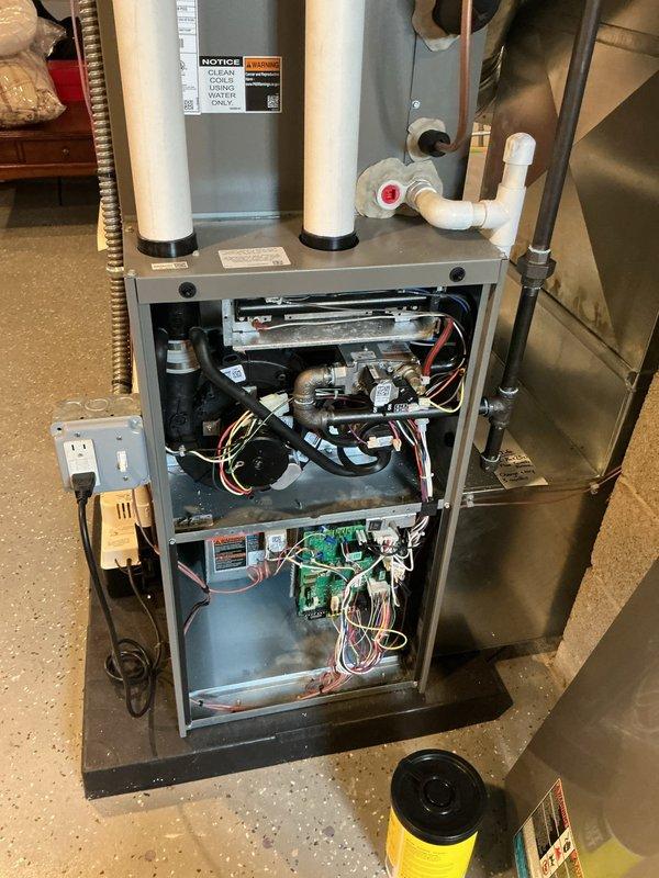 Completed comprehensive ComfortGuard maintenance visit on residential gas furnace system, including inspection of blower motor assembly, gas valve, burner components, and control board connections. Replaced humidifier pad as specialty service requirement and verified all electrical connections, safety controls, and PVC venting system for proper operation. System tested and confirmed operating within manufacturer specifications with all components functioning correctly.