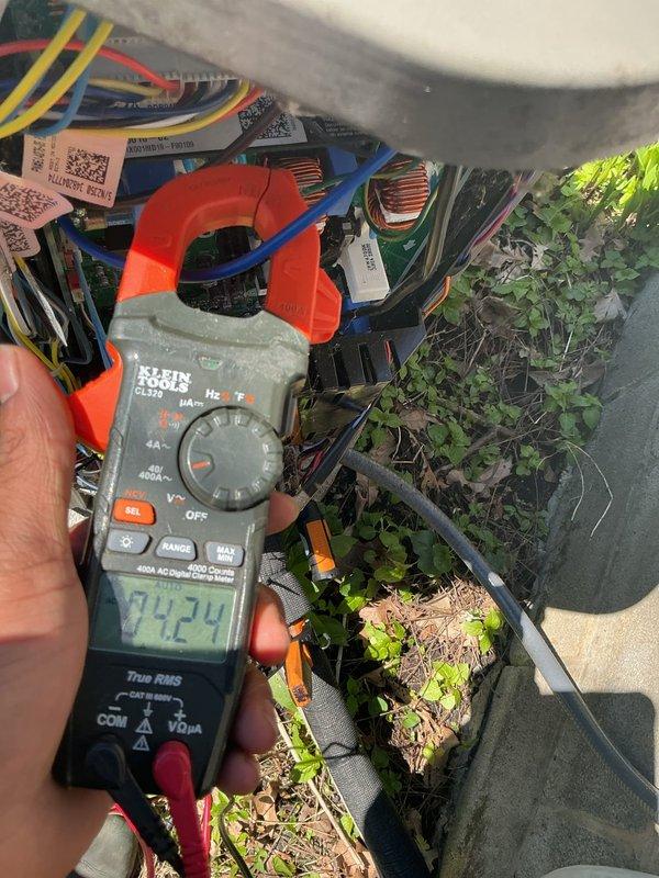 Completed routine Air Care Cooling maintenance on HVAC system. Performed comprehensive inspection of evaporator coil assembly, verified proper airflow across aluminum fins, and conducted electrical diagnostics using digital clamp meter, recording amperage draw of 74.24 amps to ensure system operating within manufacturer specifications.