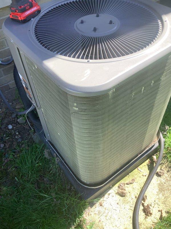Completed annual cooling maintenance on outdoor condensing unit. Replaced air filter and evaporator pad, inspected refrigerant lines and electrical connections, and verified proper operation of all system components with no issues found.