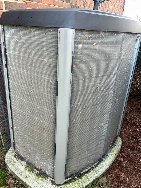 Completed spring AC tune-up on 6-year-old Lennox condensing unit. Performed comprehensive maintenance including inspection of all components, cleaning of condenser coils with accumulated debris and organic matter, checked refrigerant levels, tested electrical connections, and verified proper system operation. Unit was found in working condition with normal seasonal buildup on exterior fins; cleaned and restored to optimal performance specifications.