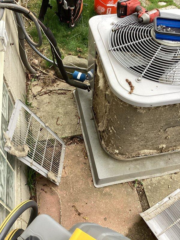 Performed annual cooling maintenance on outdoor condensing units. Removed and cleaned side panels and protective grilles, inspected refrigerant lines and electrical connections, and conducted diagnostic testing using digital meters to verify system performance. All components were reassembled and units were left in proper operating condition.