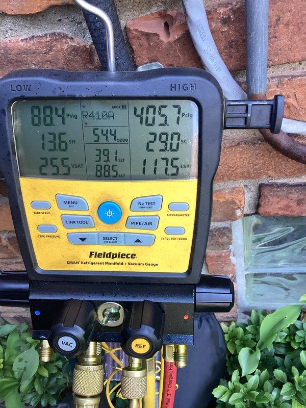 Completed scheduled Air Care Maintenance on residential cooling system. Performed comprehensive system diagnostics including refrigerant pressure and temperature analysis using digital manifold gauges, confirming R-410A charge levels with subcooling and superheat measurements within manufacturer specifications. Verified thermostat operation and temperature control functionality. Installed upgraded MERV 16 air filter per customer request to enhance indoor air quality and filtration efficiency.