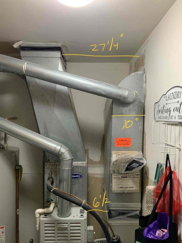 Conducted on-site assessment for complete HVAC system replacement, evaluating existing furnace, air conditioning unit, and Bradford White water heater in residential mechanical room. Documented current equipment configuration including ductwork dimensions and layout, photographed existing installations, and prepared comprehensive replacement estimates for new furnace, AC system, and standard water heater per homeowner's request.