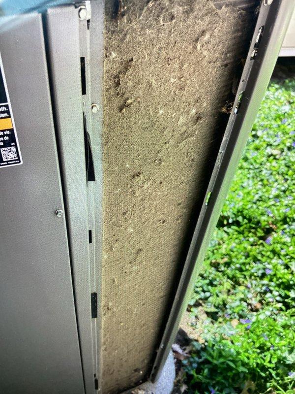 Performed comprehensive annual maintenance on a 10-year-old central air conditioning system. Upon inspection, discovered heavily soiled air filter with significant dirt and dust accumulation restricting airflow, which was replaced with new filter. Condenser coil exhibited substantial debris buildup with dirt and dust clogging aluminum fins throughout upper and middle sections. Cleaned condenser coil thoroughly to restore proper airflow and heat transfer efficiency. Verified system operation following maintenance procedures, confirming unit is functioning properly with improved airflow and performance.