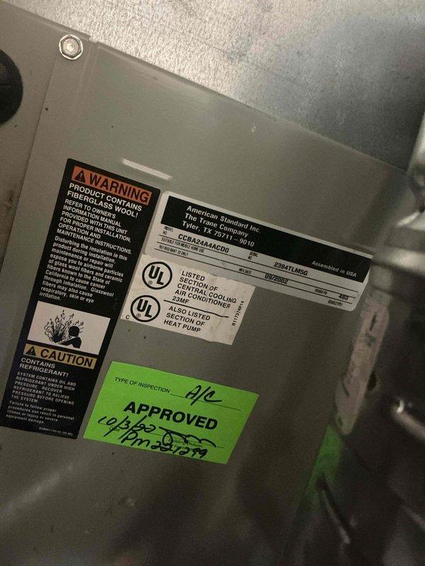 Completed annual cooling maintenance on American Standard air conditioning unit, model RCBA24A4ACD0. Performed comprehensive system inspection, verified all safety labels and manufacturer specifications were intact and legible, documented equipment condition with photographic records, and confirmed unit operational status with no service points of trouble identified during the maintenance visit.