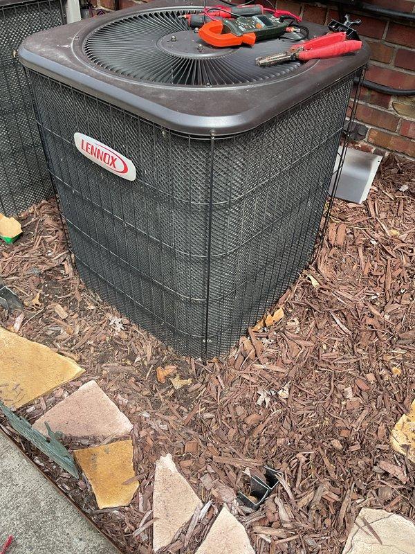 Completed annual preventative maintenance on two Lennox outdoor condensing units. Performed comprehensive system inspection including electrical testing with multimeter, cleaned condenser coils, checked refrigerant levels and pressures, verified proper fan motor operation, and ensured all components were functioning within manufacturer specifications. Both units operating efficiently with no issues found.