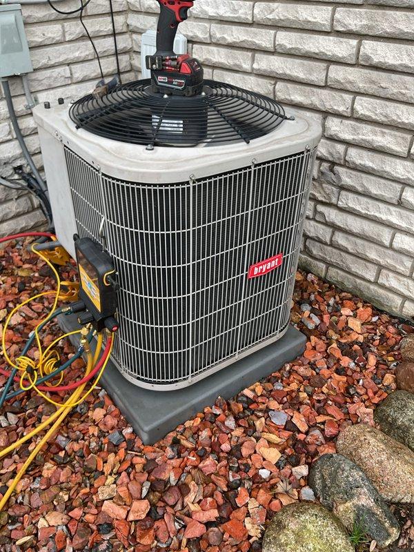 Completed annual cooling maintenance on Bryant outdoor condenser unit. Performed comprehensive system inspection including electrical connections, refrigerant pressures, and component functionality. Replaced air filter and evaporator pad as needed. Verified proper operation of condenser fan motor, compressor amperage draw, and capacitor performance. Cleaned condenser coil and checked all electrical terminals for tightness and proper voltage. System operating within manufacturer specifications upon completion.
