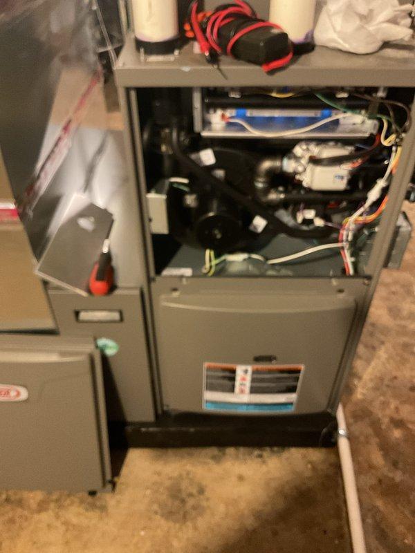 Completed comprehensive Air Care maintenance inspection on both heating and cooling systems. Performed thorough examination of indoor furnace unit, accessing internal components including blower assembly, electrical connections, and heat exchanger. Inspected outdoor condenser unit, noting exterior surface condition and verifying operational readiness of compressor and fan motor. All systems checked and confirmed operational with no immediate service needs identified.