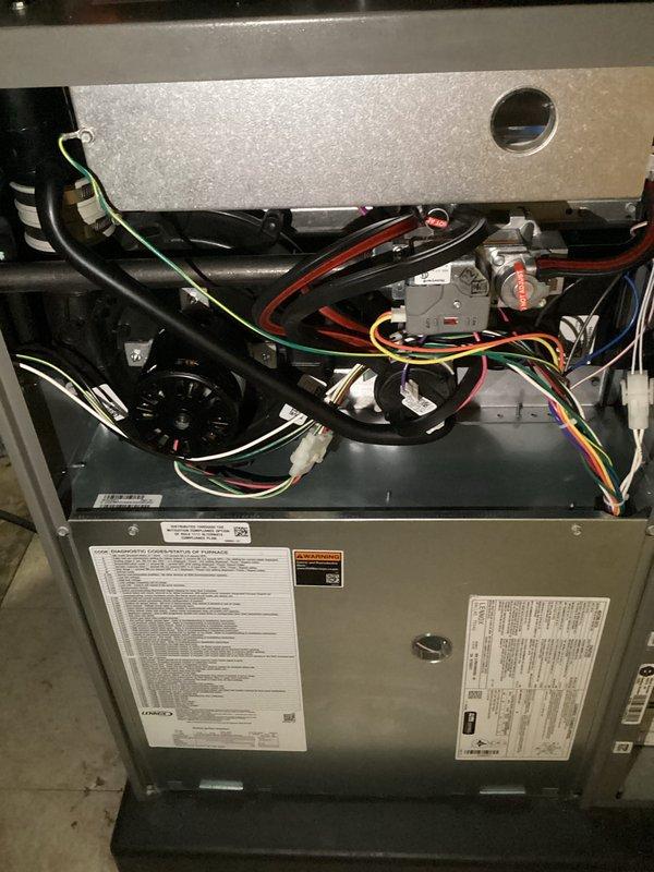 Completed annual HVAC maintenance on residential split system including outdoor condenser unit and indoor furnace. Inspected condenser unit exterior components, fan assembly, and cabinet condition; verified proper drainage and clearances around unit on concrete pad. Performed interior furnace inspection including blower motor, electrical connections, wiring harnesses, and control modules; all components found secure and operational. Noted filter and evaporator coil pad require replacement at customer's convenience.