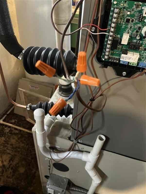 Responded to no cooling complaint on 11-month-old outdoor AC unit. Upon inspection, identified wiring issue at control board connections. Verified all wire terminations at circuit board and junction points, ensuring proper connections with wire nuts and terminal blocks. Checked control board functionality, sensor connections, and condensate drainage system. All electrical connections secured and tested. System restored to proper cooling operation. Unit covered under parts and labor warranty.
