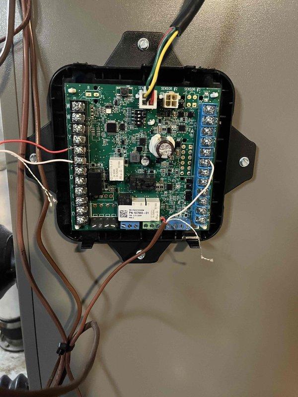 Responded to no cooling complaint on 11-month-old outdoor AC unit. Upon inspection, identified wiring issue at control board connections. Verified all wire terminations at circuit board and junction points, ensuring proper connections with wire nuts and terminal blocks. Checked control board functionality, sensor connections, and condensate drainage system. All electrical connections secured and tested. System restored to proper cooling operation. Unit covered under parts and labor warranty.