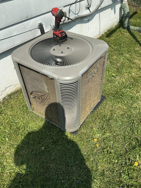 Completed scheduled preventative maintenance on residential air conditioning system. Performed comprehensive inspection of outdoor condenser unit, including cleaning of coils, verification of proper airflow through louvered panels, and assessment of fan operation. Replaced air filter and evaporator pad as part of routine Air Care Cooling maintenance program to ensure optimal system efficiency and air quality.