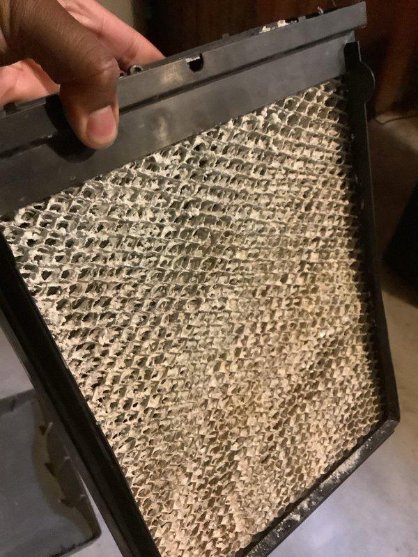 Completed annual cooling maintenance on residential split system. Inspected heavily soiled air filter showing significant dust and debris accumulation throughout filter media. Verified system temperatures using digital thermometer, recording 62°F reading at time of service. All routine maintenance tasks performed per ACM protocol.