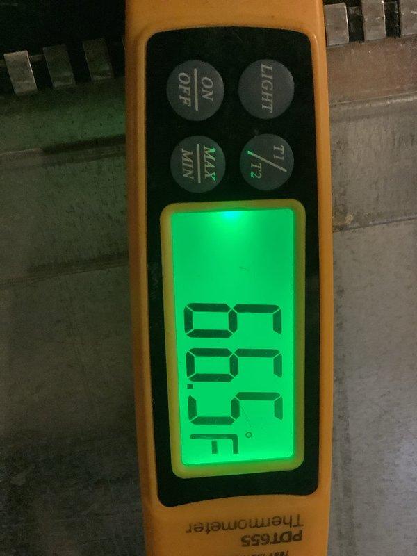 Completed annual cooling maintenance on residential split system. Inspected heavily soiled air filter showing significant dust and debris accumulation throughout filter media. Verified system temperatures using digital thermometer, recording 62°F reading at time of service. All routine maintenance tasks performed per ACM protocol.