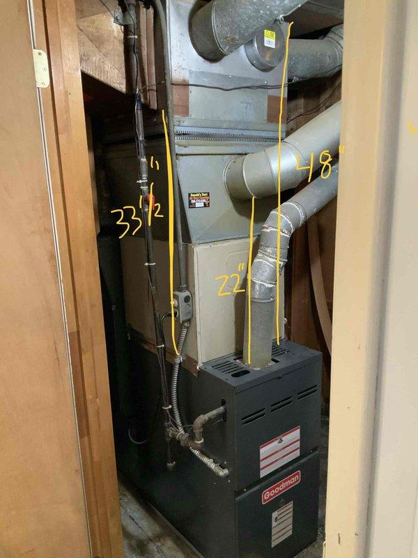 Responded to service call for non-functional air conditioning system requiring replacement estimate. Conducted on-site assessment of existing Goodman HVAC installation located in interior utility closet, documenting equipment configuration including furnace, air handler/evaporator coil, and associated ductwork. Performed dimensional measurements of mechanical room space and existing equipment to determine replacement system specifications and installation requirements. Photographed current system layout, ductwork routing, clearances, and mechanical room conditions to facilitate accurate equipment sizing and proposal preparation for expedited replacement installation.