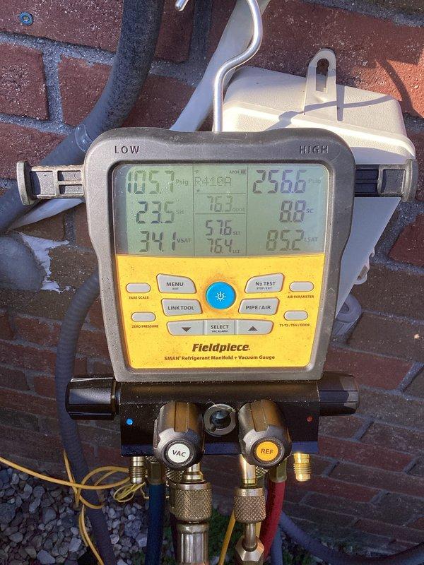 Performed scheduled preventive maintenance on residential air conditioning system. Verified system pressures and temperatures using digital manifold gauges, confirming proper refrigerant charge and operational parameters across high and low side readings. Inspected outdoor condenser unit, copper refrigerant lines, and all mechanical components for proper operation and wear.