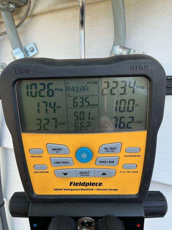 Completed comprehensive air conditioning maintenance inspection on residential condensing unit. Performed system diagnostics using digital manifold gauges, recording operating pressures, superheat, and subcooling values to verify proper refrigerant charge and system performance. Unit operating within normal parameters with no deficiencies noted during inspection.