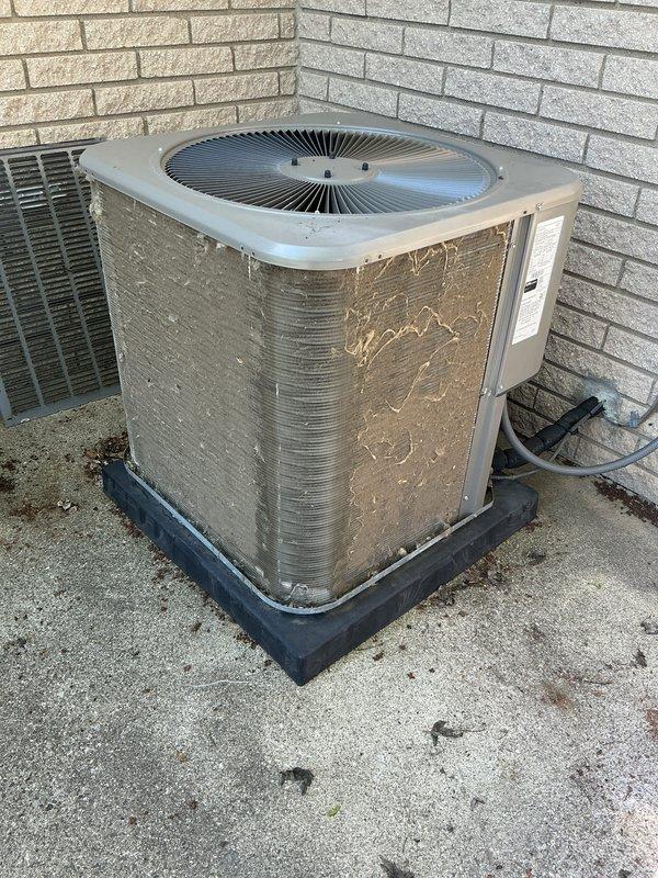 Completed annual cooling maintenance on residential split system. Performed comprehensive inspection of outdoor condenser unit, cleaned debris and organic matter from base and coil fins, replaced air filter and evaporative cooling pad as needed, and verified proper system operation with all components functioning within normal parameters.