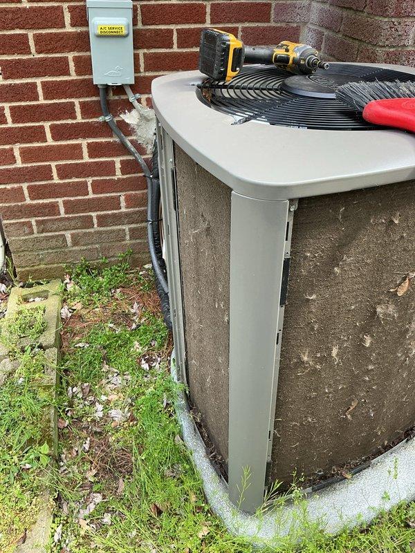 Completed routine Air Care Cooling maintenance on outdoor condensing unit. Performed standard ACM procedures including inspection of condenser coil, fan motor operation, refrigerant line connections, electrical components, and condensate drainage system. Unit operating within normal parameters with all safety controls functioning properly.