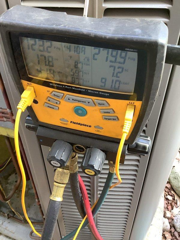 Responded to no cooling complaint on 7-year-old Lennox air conditioning system. Upon arrival, confirmed unit was running but not adequately cooling the residence. Performed complete system diagnostics using calibrated manifold gauges and digital testing equipment. Measured operating pressures and temperatures, recording suction pressure of 72 PSI with superheat readings and discharge pressure of 1359 PSI at outdoor ambient conditions. Temperature readings indicated discharge line temperature of 141°F. 

Inspection of outdoor condensing unit revealed restricted airflow through condenser coil due to accumulated dirt, debris, and biological growth on fins. Noted algae/moss buildup on concrete pad and leaves around unit base indicating maintenance neglect. Condenser coil showed moderate dirt accumulation affecting heat rejection capacity. System analysis confirmed inadequate heat transfer at condenser resulting in elevated head pressures and reduced cooling efficiency.

Cleaned condenser c