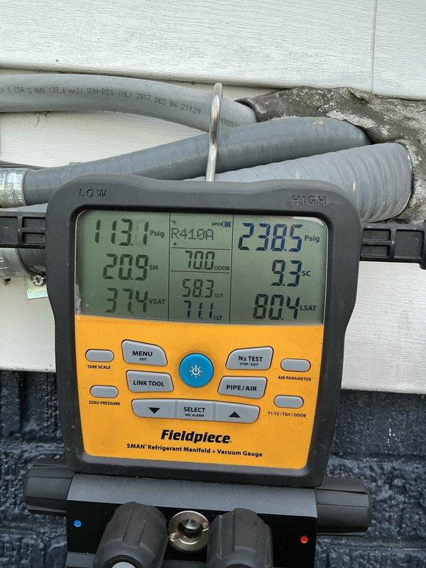 Completed annual HVAC maintenance on Lennox outdoor condensing unit. Performed system diagnostics using refrigerant manifold gauges, recording operating pressures and temperatures to verify proper system performance. All components inspected and unit found operating within normal parameters.