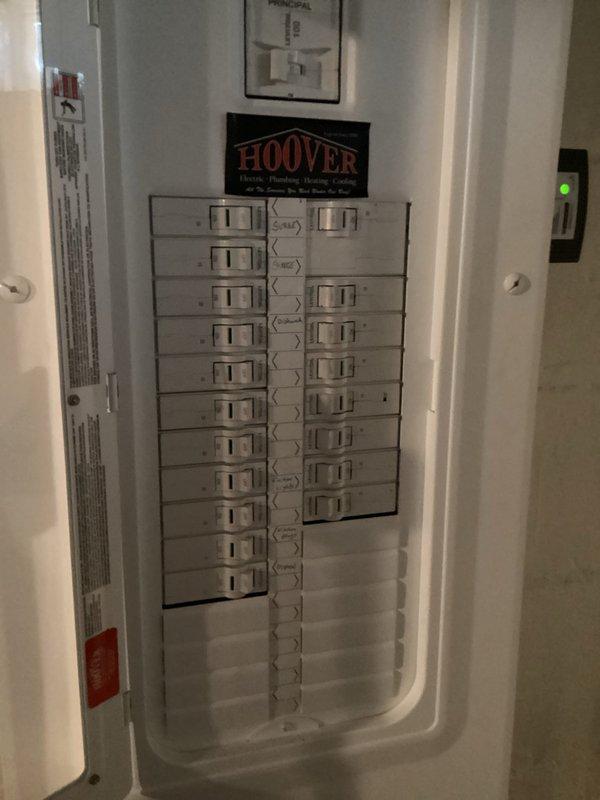 Completed installation of electrical work including a modern three-globe ceiling light fixture with dark metal frame and white spherical glass shades. Verified proper operation of Hoover electrical panel with all circuit breakers functioning correctly and appropriate labeling in place. All fixtures tested and confirmed operational with no permits required for this installation.