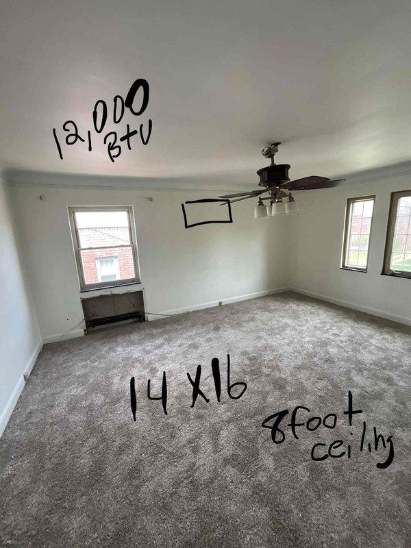 Completed on-site evaluation for new mini split installation in lower level of home. Assessed two separate rooms requiring climate control: first room measuring approximately 14x16 feet with 8-foot ceilings requiring 12,000 BTU capacity, and second room requiring 19,000 BTU capacity. Documented existing conditions, room dimensions, and optimal equipment placement locations for indoor air handler units and refrigerant line routing.