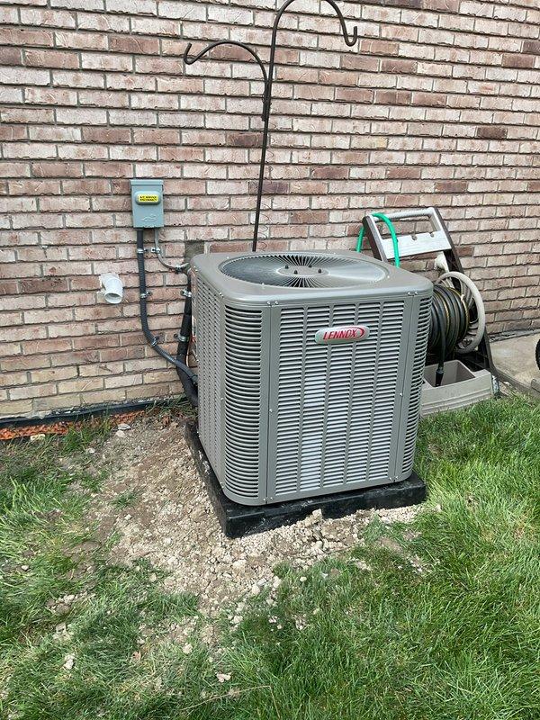 Successfully installed a new 4-ton Lennox air conditioning condenser unit and evaporator coil system. The outdoor condenser was positioned on a concrete pad with proper clearances, connected to electrical disconnect with appropriate conduit routing, and refrigerant lines were run to the indoor coil mounted above the existing furnace. All mechanical, electrical, and refrigeration connections were completed per manufacturer specifications, system was charged with refrigerant, tested for proper operation, and left running efficiently.