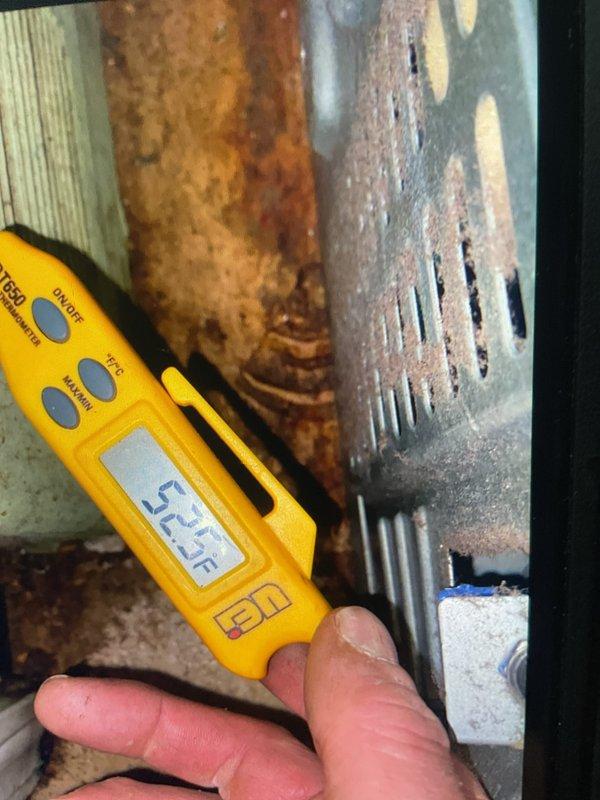 Responded to callback for recently installed HVAC system experiencing compressor starting issues and unusual operational sounds. Upon arrival, verified blower speed settings and found compressor exhibiting abnormal startup behavior with concerning acoustic indicators. Performed refrigerant pressure diagnostics revealing elevated TXV pressures with high side reading 238 PSI and low side reading 105 PSI, indicating potential restriction or improper charge. Collected temperature measurements at supply and return points, documenting 52.2°F and 56.3°F respectively. Noted significant corrosion present on metal ductwork components during inspection. System requires further evaluation to address compressor performance concerns and pressure imbalances.