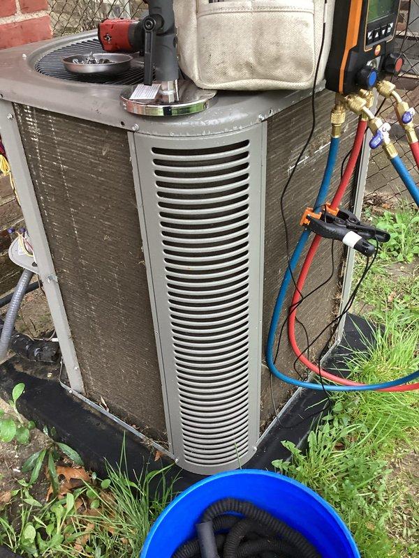 Completed annual HVAC maintenance on residential air conditioning system. Performed comprehensive system inspection, checked refrigerant pressures and levels using manifold gauges, replaced air filter, cleaned condenser unit, and verified proper operation of all components. Unit tested and running within normal parameters.