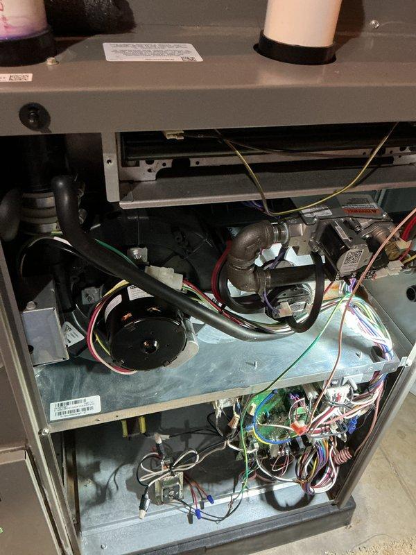 Completed annual heating maintenance on two HVAC units, performing comprehensive inspections of all internal components, blower assemblies, electrical systems, and control boards. Replaced air filters on both units and documented rust formation observed inside furnace cabinets for monitoring. Verified proper operation of all mechanical and electrical components, including gas valves, motors, wiring connections, and circuit boards to ensure safe and efficient system performance.