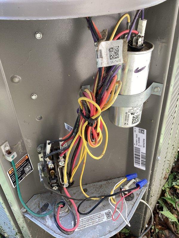 Responded to no-cooling call on 4-year-old central air conditioning system. Indoor unit blower was operating but outdoor condensing unit failed to run. Upon inspection, discovered failed dual-run capacitor preventing compressor and condenser fan motor operation. Replaced defective capacitor with OEM-equivalent component, restored power, and verified proper system operation with outdoor unit running and achieving temperature setpoint.