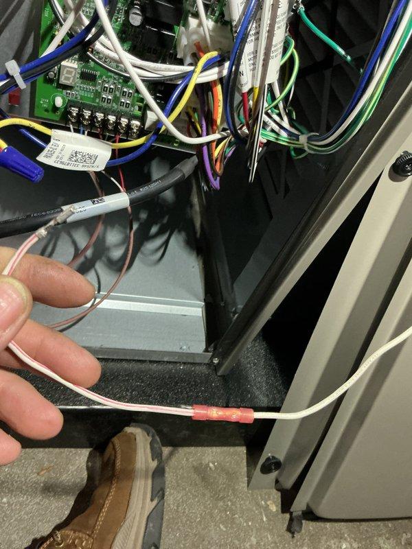 Responded to no-heat callback on recently installed furnace system. Upon inspection, identified low-voltage wiring connection issue at control board. Stripped and re-terminated thermostat wiring with proper connectors, verified all wire terminations at circuit board, and restored system to normal heating operation.