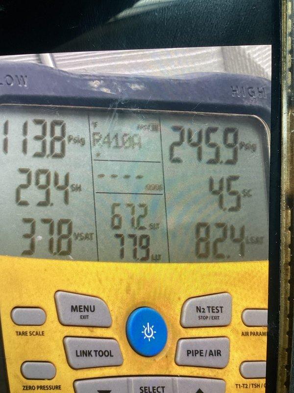 Completed annual maintenance on Luxaire outdoor condensing unit. Performed comprehensive system diagnostics using digital manifold gauges, recording refrigerant pressures and temperatures including superheat at 294°F and subcooling at 45°F. All operating parameters measured and found within acceptable ranges for proper system operation.